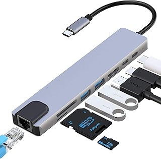 موزع USB C، الومنيوم 8 في 1 نوع C مع HDMI، ايثرنت ار جيه 45، شحن بي دي 100 واط، قارئ بطاقات SD TF، 3.0، 2.0، متوافق ماك بوك برو والمزيد