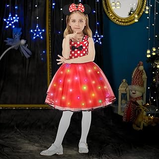 ACWOO Light Up Princess Costumes for Girls, Minnie Princess Costume for Toddler Girl, 4 Minnie Polka dot Fancy Dress Up Costume with Ear Headband, Nose, Tail, Carnival Halloween Birthday Party Cosplay