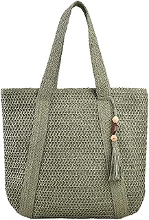 Lushandy Straw Beach Bag for Women Summer Large Woven Tote Bag Straw Shoulder Handbags with Tassels for Travel Vacation