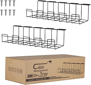 صينية تنظيم الكيبلات تحت المكتب من قطعتين، منظم اسلاك تحت الطاولة 16 انش لادارة الاسلاك، حامل شبكي معدني للكيبلات للمكاتب والمكاتب والمطابخ (اسود)