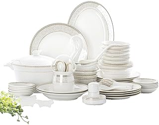 White Round Porcelain Dinnerware Set, Dishes/Plate/Bowl Set, Fine Bone China Dinnerware Sets, Collection Ceramic Kitchen and Dining Sets for Home,B56 pcs Service for 10 (46 Pcs Service for