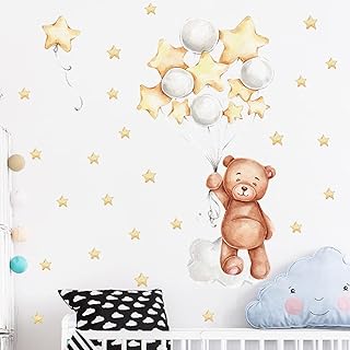 Tazweeq Cute Bear with Balloons and Stars Decor, Cute Bear Wall Decals Vinyl Wall Stickers, for Kids Boys Girls Bedroom Classroom Playroom, and Kids Room Wall Decor, Multicolor