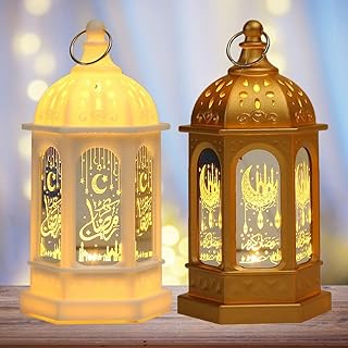 فانوس رمضان 5.5 انش لتزيين رمضان من كيان زو يو كيه، فانوس شمعة عيد مبارك ذهبي هدايا للاطفال للمنزل والطاولة والشجرة والحفلات والشرفة (ذهبي + ابيض)