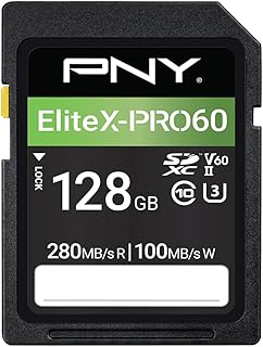 PNY بطاقة ذاكرة EliteX-PRO60 UHS-II SDXC سعة 128GB - قراءة 280 ميجابايت/ثانية، U3، V60، 4K UHD، FHD UHS-II للمصورين المحترفين ومنشئي المحتوى، كاميرا DSLR وكاميرات الفيديو المتقدمة