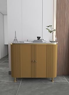 "Luxury Coffee Corner - Modern Sideboard Storage Unit - Wooden Side Table with Double Doors - Elegant Marble Top - Multi-Purpose Storage Cabinet - - Brown/Gold Color - 120×100×40 cm