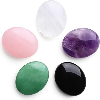 GUJOXILA 5pcs Crystal Healing Stone Set Oval Pocket Gemstones, Amethyst Rose Quartz Rock Crystal Obsidian Green Aventurine in Bulk Bag Polished Chakra Energy Balance Meditation Worry Stone