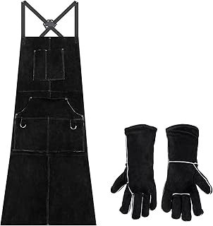 eletecpro Leather Welding Apron & Welding Gloves Heavy Duty Durable - Length 42 Inch 6 Pockets Cowhide Heat Resistant