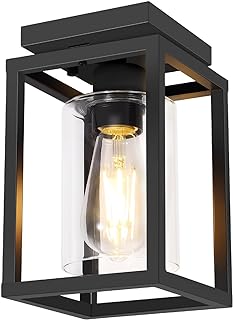 Semi Flush Mount Ceiling Light Fixture, Black Metal Frame Porch Ceiling Light Fixture with Clear Glass Shade and E26 Ceramic Base, Farmhouse Light Fixtures for Kitchen Entryway Foyer