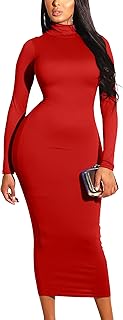 Women's Sexy Turtleneck Long Sleeve Elegant Bodycon Party Long Dress, Red, Large