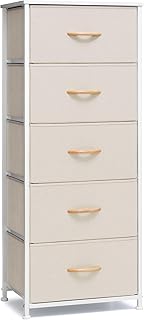 Crestlive Products Vertical Dresser Storage Tower - Sturdy Steel Frame, Wood Top, Easy Pull Fabric Bins, Wood Handles - Organizer Unit for Bedroom, Hallway, Entryway, Closets - 5 Drawers (Beige)