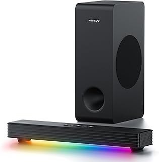 MEREDO Soundbar for TV Devices with Subwoofer 3.1 Channel PC Gaming Soundbar RGB Audio Sync Light BT 5.3/HD-ARC/Optical/AUX/USB TV Computer Speaker for Desktop/Laptop Game Consoles Home Cinema