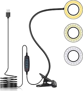 مصباح حلقي سيلفي من Tukzer مقاس 8.89 سم | مشبك مرن للذراع للتيار المباشر، المكياج، الاجتماعات عبر الإنترنت، التسجيل، التصوير الفوتوغرافي، ضوء قراءة USB | 3 ألوان 10 مستويات سطوع