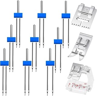 ابرة مزدوجة مع اقدام ضغط لماكينة الخياطة، 9 قطع ابرة مزدوجة 3 مقاسات 2/90 3/90 4/90 مع 3 قطع قدم ضغط مختلفة لماكينة الخياطة المنزلية العالمية