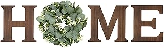 Mkono Farmhouse Wall Home Sign with Artificial Eucalyptus for O Rustic Wooden Home Hanging Letters Decorative Wall Art Wood Signs Decor for Living Room Kitchen Entryway Housewarming Gift, Large, Brown