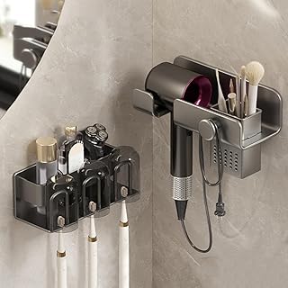 atylishome Bathroom Shelves Hair Dryer Holder Wall Mounted Bracket Hairdryer Shelf Rack Stand Hanger Storage Organiser with Toothbrush Holders for Restrooms Aluminum Grey 1104