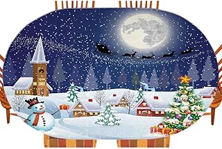 Christmas Fitted Table Cover, Winter Season Snowman Xmas Tree Santa Sleigh Moon Present Boxes Snow and Stars, Indoor/Outdoor Waterproof Tablecloth, Patio and Kitchen, Fits 42" x 60" table, White Blue