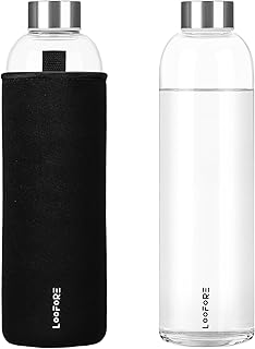 LOOFORE Glass Bottle 750 ml, Water Bottle Glass 750 ml with Neoprene Case, BPA-Free, Dishwasher Safe, Water Bottle Glass for Carbonated Drinks