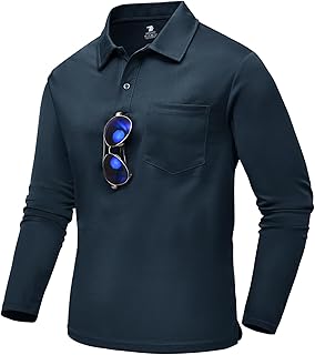 TBMPOY Men's Polo Shirts with Pocket Golf Long Sleeve Quick Dry Lightweight Collared Stylish Moisture Wicking Business Tennis, Navy Blue, L