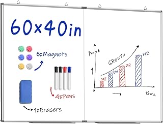 سبورة بيضاء مغناطيسية كبيرة قابلة للمسح الجاف مقاس 60 انش × 40 انش، لوحة معلقة على الحائط مع 8 اقلام و4 ممحاة جافة و30 مغناطيس، اطار الومنيوم فضي ابيض