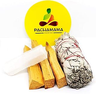 Pachamama Essentials White Sage (Salvia Apiana)، Palo Santo (Holly Wood) وSelenite Stick. مجموعة معالجة بالو سانتو سانتو للتلطيخ