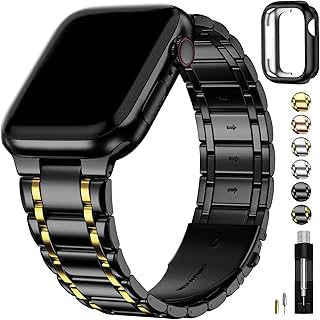 Fullmosa Compatible Apple Watch Bands 49mm 45mm 44mm 42mm, Stainless Steel iWatch Band with Case Metal Strap for Apple Watch Series Ultra 9 8 7 6 5 4 3 2 1 SE,42mm 44mm 45mm Black and Gold