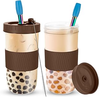 Esilihom Bubble Tea Cup, 2 Pack Reusable Bubble Tea Cup with Straw and Lids, 730ml/24oz Smoothie Cups, Wide Mouth Leakproof Cups for Boba Ice Tea Coffee Drinks（Coffee）