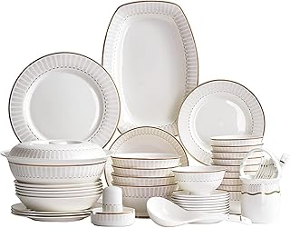 50 Pieces Dinner Set, White Porcelain Bone China Tableware Set with Round Dessert Plates Soup Plates Dinner Plates Bowls Dishes Soup Pot Service for 10 People with Gold Rim