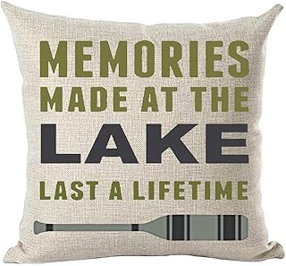 راميرار غطاء وسادة مزخرف مطبوع عليه عبارة «Memories Made at The Lake Last A Life» باللون الأخضر والأزرق، غطاء وسادة لغرفة المعيشة والسرير والكنبة والسيارة من القطن والكتان مربع 18 × 18 انش