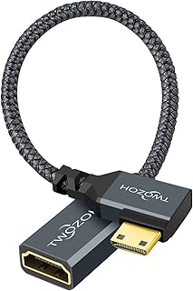 كيبل محول ميني HDMI الى بطول 0.6 قدم ومغطى بالنايلون من تووزوه وصلة ذكر بزاوية يمنى 90 درجة انثي يدعم الصورة ثلاثية الابعاد/دقة 4 كيه 1080P لحاسوب لوحي