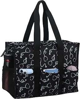 ABAMERICA Nurse Bags for Work Nursing Bag Multiple Pockets Waterproof Organizing Zip Top Clinical Bag for Nursing Students, B04- Nurse Black Stethoscope, Large, Classic Nurse Bag