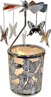 Kingnero Butterfly Lantern Carousel, Glass Tea Light Holder Carousel, Rotating Candle Holder Windmill Candle Family and Friends (Silver Butterfly)