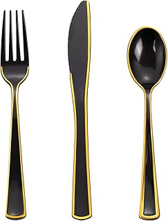 WDF 180 Pieces Black and Gold Plastic Silverware -New Year Black Plastic Flatware Set 60 Forks 60 Knives 60 Spoons Heavy Duty Black Plastic Cutlery-Gold Utensils for New Year 2025