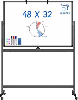 لوح ابيض دوار كبير على عجلة، ماكستك 48×32 انش، لوح ابيض محمول مزدوج الجوانب، لوح مغناطيسي قابل للعكس قابل للمسح الجاف، لوح ابيض قائم على عجلات للمنزل والمكتب والفصول الدراسية، اسود