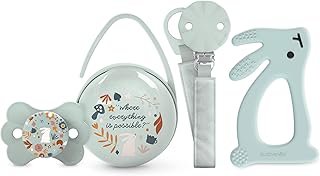 Suavinex, Newborn Gift Baby Gift Set with: SX Pro Physiological Teat Pacifier for Babies 0/6 Months + Pacifier + Duo Pacifier Holder + Silicone Teether (4 Pcs) Wonderland, Green