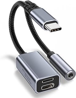 محول سماعة راس وشاحن USB C الى 3.5 ملم من ازوني، 3 في 1 USB C الى AUX مع كيبل دونجل للشحن السريع USB C ولايتنينج لايفون 15/ايباد برو/ماك بوك اير، رمادي