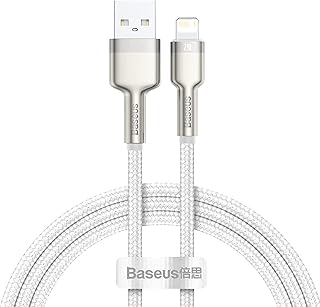 باسيوس كيبل USB الى لايتنينج للشحن السريع ونقل البيانات من سلسلة كافيول مغطى بالنايلون 2.4 امبير لموبايل ايفون 13 برو/13 برو ماكس/13/13 ميني، ايباد 9، 12 ميني/12/12 برو (1 متر، ابيض)