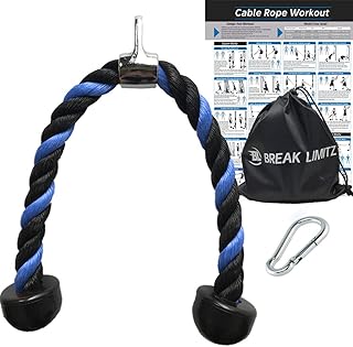 Break Limitz Blue Tricep Rope Pull Down & Poster Set | 27 or 36 Inch Heavy Duty Nylon Rope, Chrome Cable Attachment | Professional or Home Gyms | Includes Workout Poster, Snap Hook, Bag