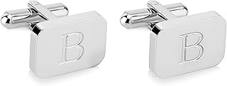 18K White-Gold Plated Initial Engraved Stainless Steel Mens Cufflinks With Gift Box -Personalized Alphabet Letters A-Z By Lux & Pair