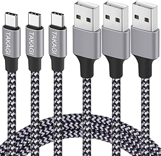 تاكاجي كيبل USB نوع سي للشحن السريع 3 امبير، (عبوة من 3 قطع بطول 6 اقدام) من USB-A الى USB-C من النايلون المضفر لنقل البيانات متوافق مع جالكسي اس 20 واس 10 واس 9 واس 8 ونوت 20 و10 وايفون 15/15 برو