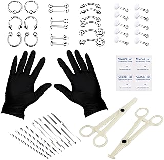 Stuppendux Body Piercing Kit 14G 16G Belly Navel Nose Septum Tongue Eyebrow Nipple Lip Nose Chin Gauge Piercing Needles Tools Gloves Clamps