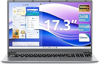 لابتوب 17.3 انش من بي كيه هوز، 24GB RAM 1TB SSD مع معالج سيليرون N5095 (حتى 2.9GHz)، شاشة IPS، منفذ HDMI صغير، كاميرا ويب، توسيع 512GB، 5000mAh، واي فاي، بلوتوث