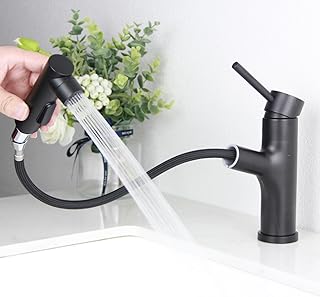 SEMANEY Bathroom Tap, Black, High Pressure Washbasin Tap with Pull-Out Shower, Single Lever Mixer Tap with 3 Mode Extendable Shower, Sink Fittings for Bathroom, G3/8