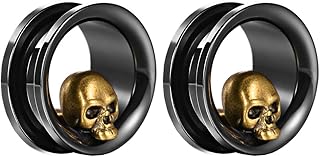 POBAISITER 2PCS Stainless Steel Ear Gauges Tunnels Expander Vintage Black Gold Skull 0g-1 inch Body Piercing Jewelry