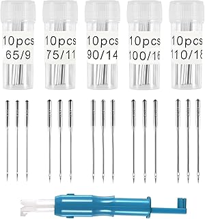 ابر ماكينة الخياطة منزلية 65/9 75/11 90/14 100/16 110/18 عالمية لكل موديل 10 قطع مع اداة خياطة مناسبة لماكينة المنزلية شديدة التحمل ومجموعة واسعة من الاقمشة 50 قطعة كاستويف