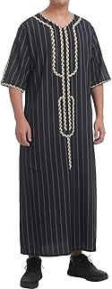 Kaftan Men's Abaya Muslim Arab Islamic Clothing 3/4 Sleeve V-Neck Striped Print Loose Long Thobe