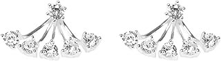 Sterling Silver CZ Sunlight Curved Bar Drop Double Side Jacket Claw Earrings