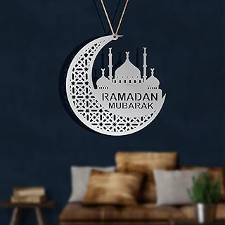 زينة رمضان 20 × 20 سم من لانكري، ديكورات عيد مبارك من الاكريليك للمنزل مع حبل وخطاف، زينة رمضان مبارك معلقة للحفلات الاسلامية (فضي)