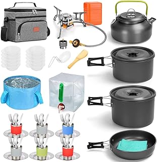 NIBEMINENT Camping Accessories, Camping Hiking equipment with Stove, Pot Pan Kettle Cups Dishes Forks Spoons Cookware Mess Kit for Outdoor Camping Hiking Picnic