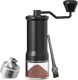 ELMWAY Manual Coffee Grinder, Stainless Steel Conical Burr Hand Coffee Grinder Mill, Adjustable for Fine/Coarse Grind, with Cleaning Brush for Home (Black with Glass Container)