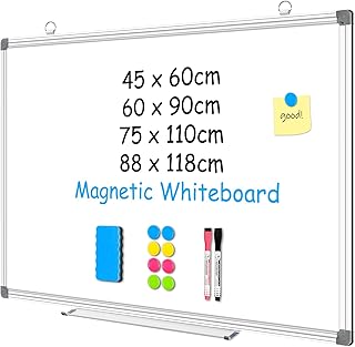 فور ثوت سبورة بيضاء مغناطيسية مقاس 60 × 90 سم مقاس A1 كبيرة للحائط مع 2 قلم تحديد و8 مغناطيسات و1 ممحاة سبورة بيضاء قابلة للمسح الجاف للمنزل والمطبخ والمكتب 600 ملم × 900 ملم